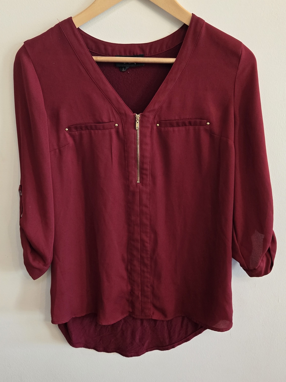 BCX Burgundy V-Neck Zip Front Blouse